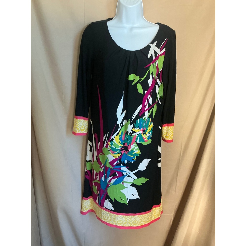 London Times Floral Sheath Dress Womens 6 Black Pink Excellent 3/4 Sleeve Scoop